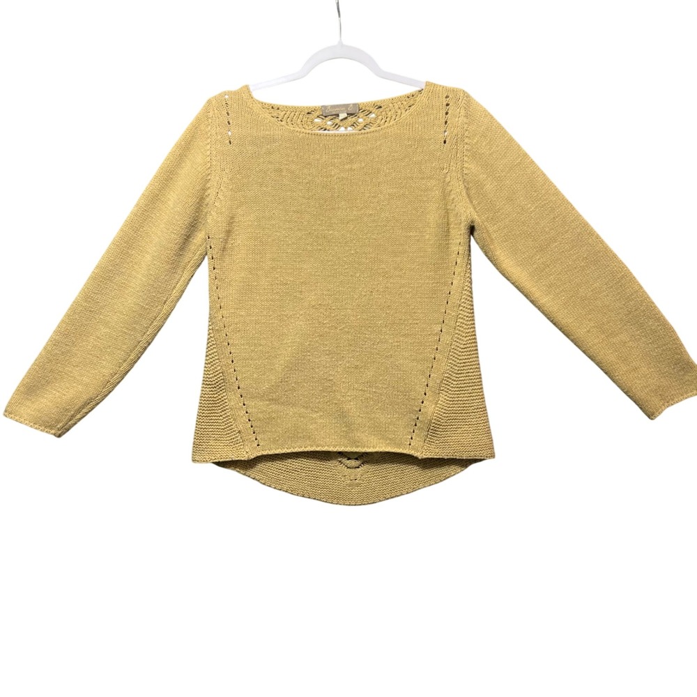 Bianca B Italy‎ Open Knit Sweater L Tan Long Sleeve Wool Blend Scoop Neck